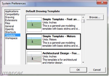 google sketchup -  system preferences - template
