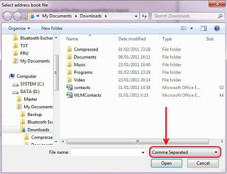 import contacts to Mozilla Thunderbird - select contact file to import import contacts to Mozilla Thunderbird - select contact file to import